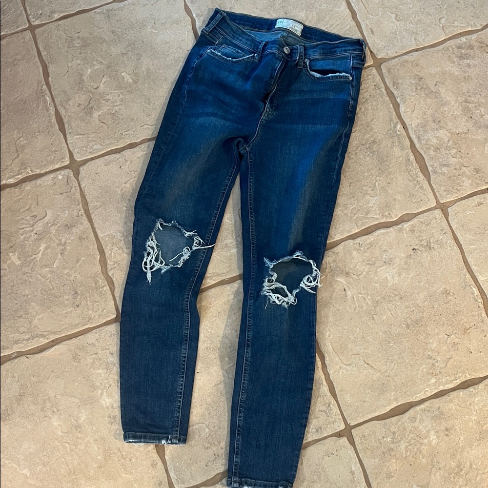 Free People Dark Blue Ripped Skinny Jeans